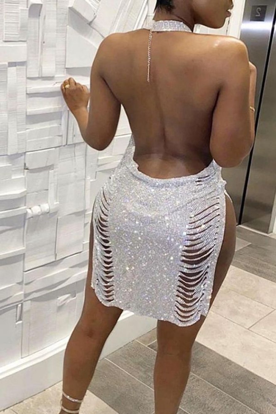 Dresses female | Sexy Halterneck Split Sequin Mini Dresses White