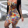 Dresses female | Vintage Print Strapless Tie Front Drawstring Mini Dress