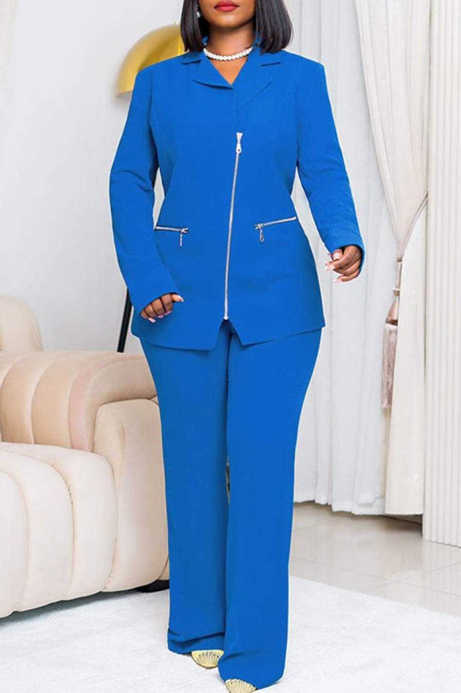 2-Pieces female | Fashion Zip Solid Color Blazer Straight-Let Pant Suits Blue