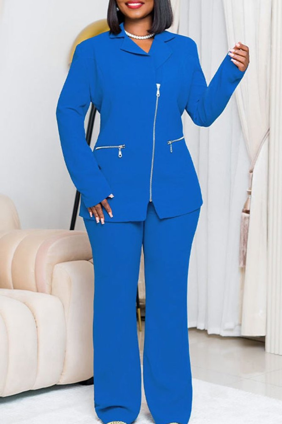 2-Pieces female | Fashion Zip Solid Color Blazer Straight-Let Pant Suits Blue