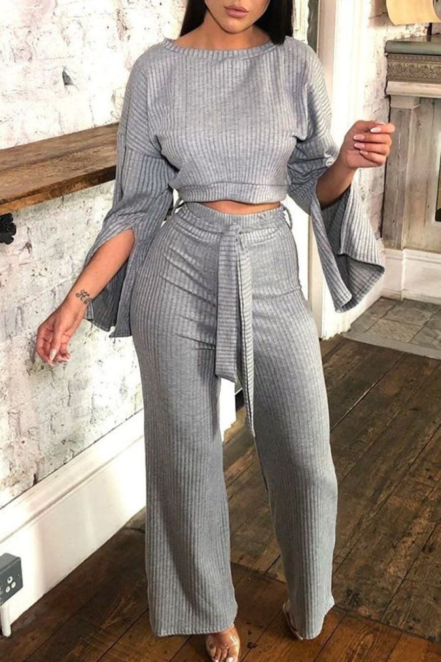 2-Pieces female | Casual Pit Strip Slit Wide Leg Pant Suits