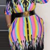 Dresses female | Plus Size Multicolor Striped Half Sleeve Shirt Mini Dress