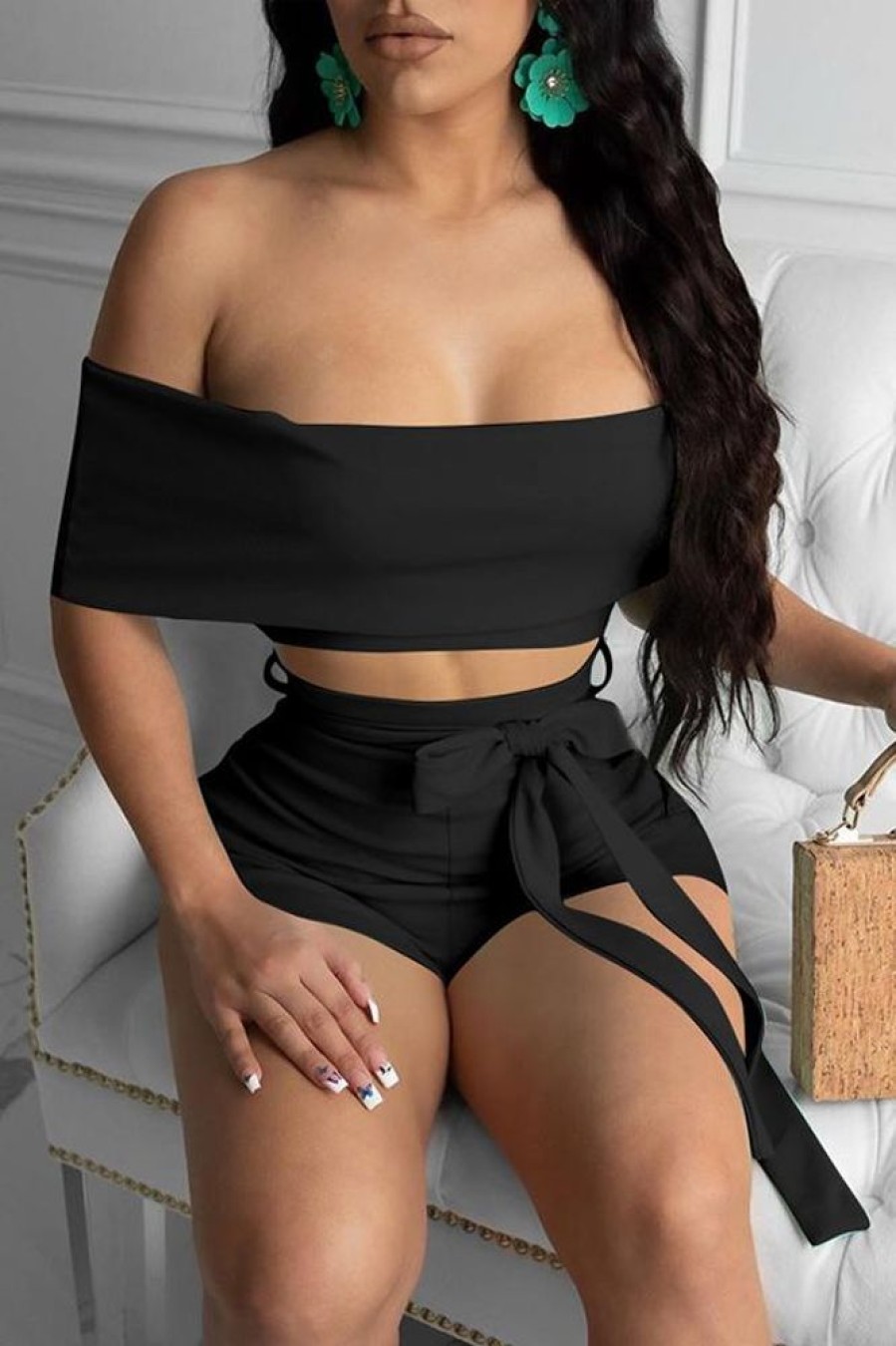 2-Pieces female | Solid Color Off Shoulder Bandeau Two-Piece Set