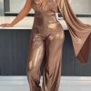 Jumpsuits & Rompers female | Sexy One Sleeve Deep V Neck Backless Metallic Jumpsuits Coffee