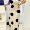 Dresses female | Temperament Polka Dot Print One Neck Slim Maxi Dress Beige