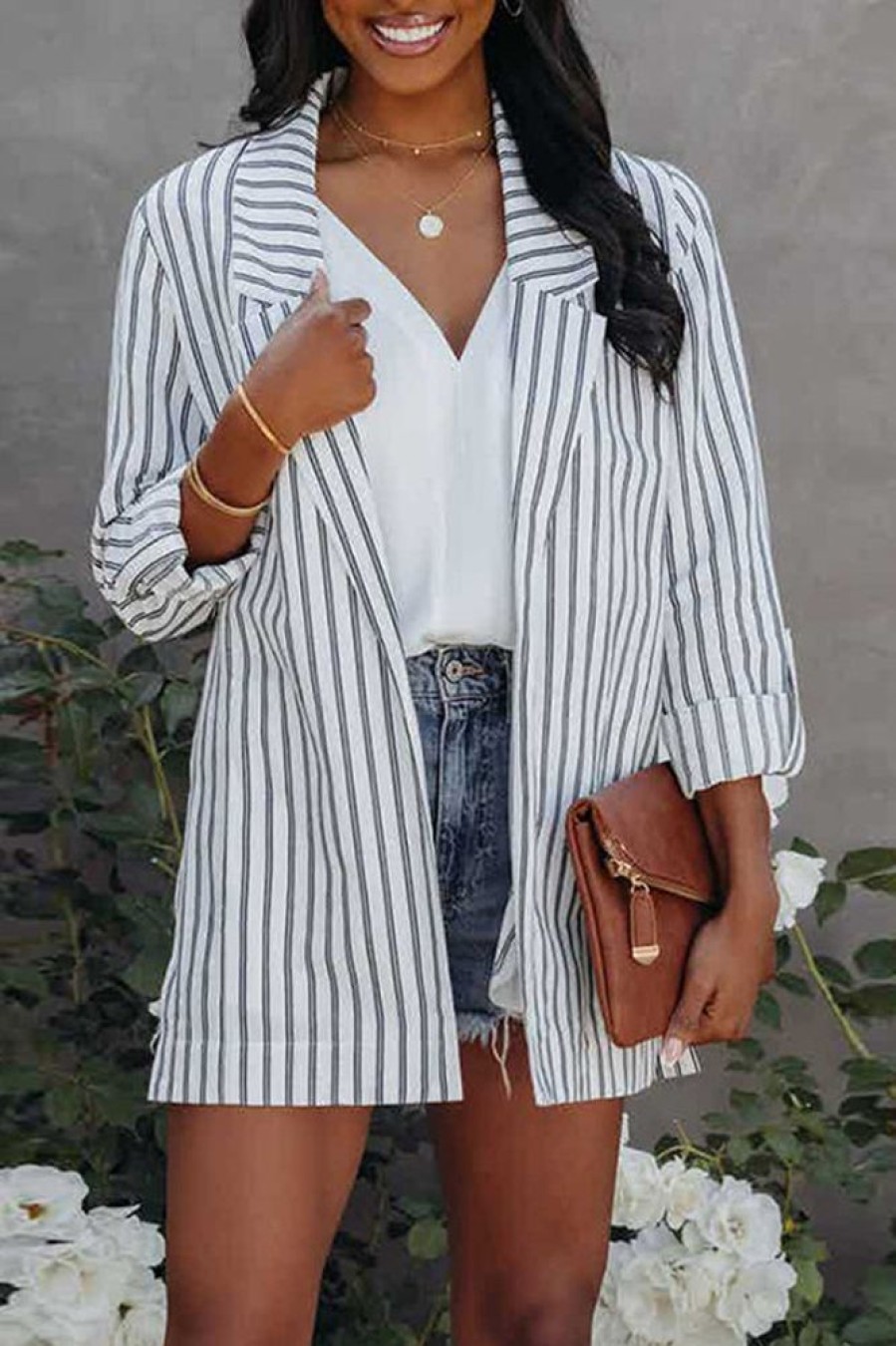 Tops & Outerwear female | Casual Striped Lapel Bracelet Sleeve Blazer White