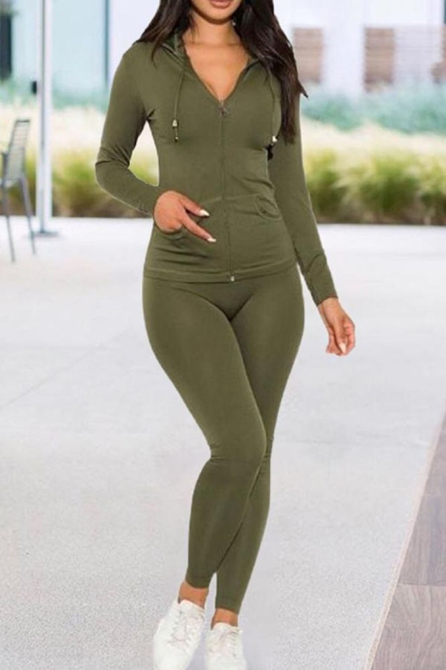 2-Pieces female | Street Hooded Solid Color Two-Piece Set