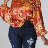 Tops & Outerwear female | Temperament Satin Print Lace-Up Neck Batwing Sleeve Blouse Orange