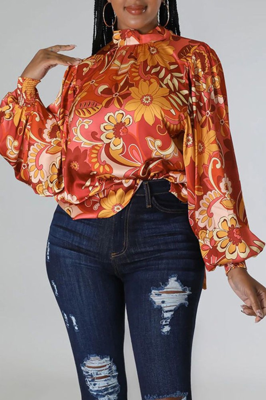 Tops & Outerwear female | Temperament Satin Print Lace-Up Neck Batwing Sleeve Blouse Orange