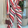 2-Pieces female | Fashion Stripe Print Satin Blouse Straight-Let Pant Suits