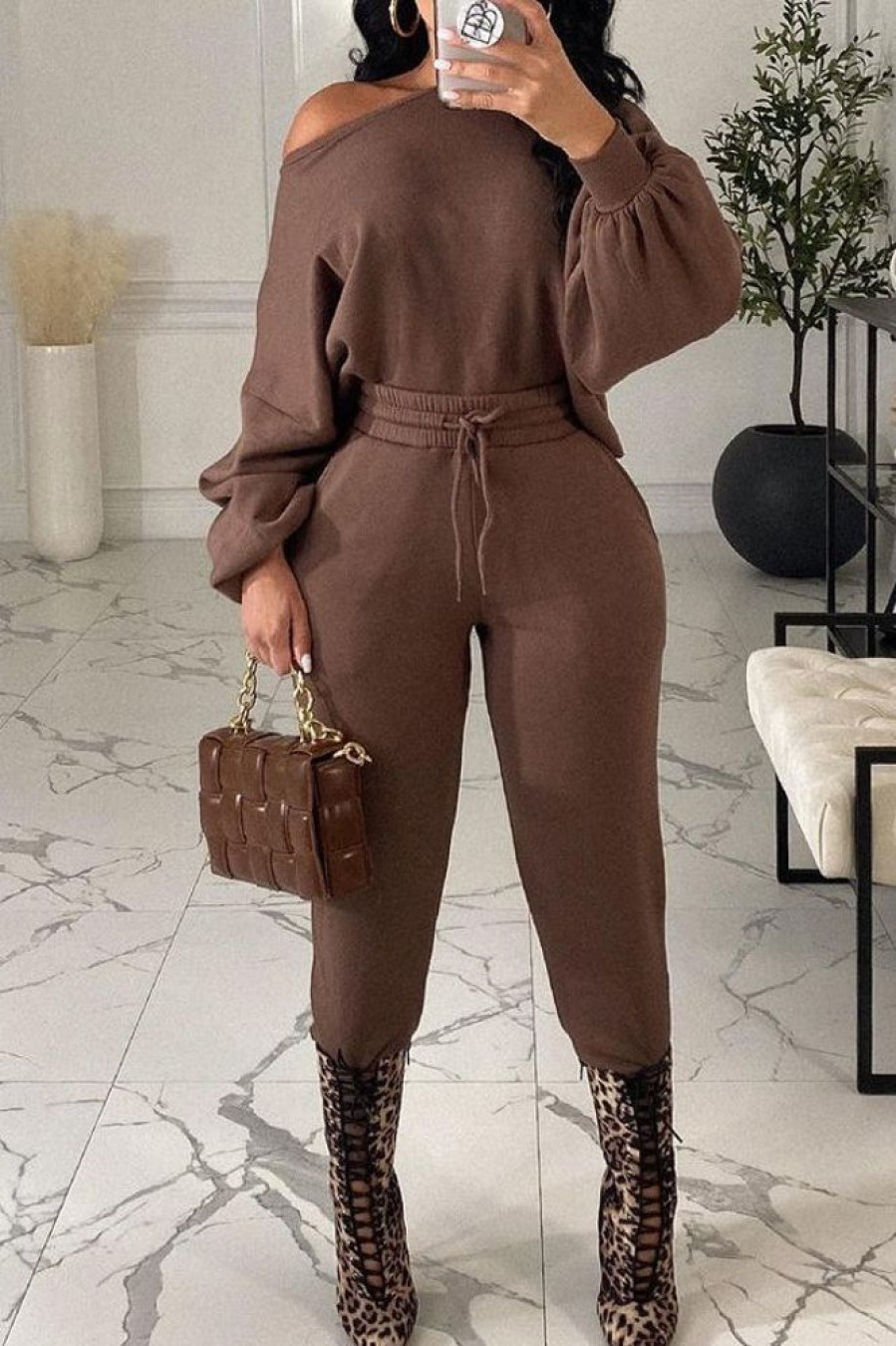 2-Pieces female | Casual Warm Loose Long Sleeve Sweatshirt Drawstring Pants Set Coffee