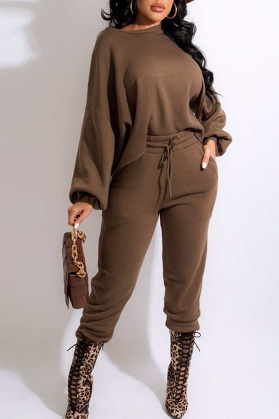 2-Pieces female | Casual Warm Loose Long Sleeve Sweatshirt Drawstring Pants Set Coffee