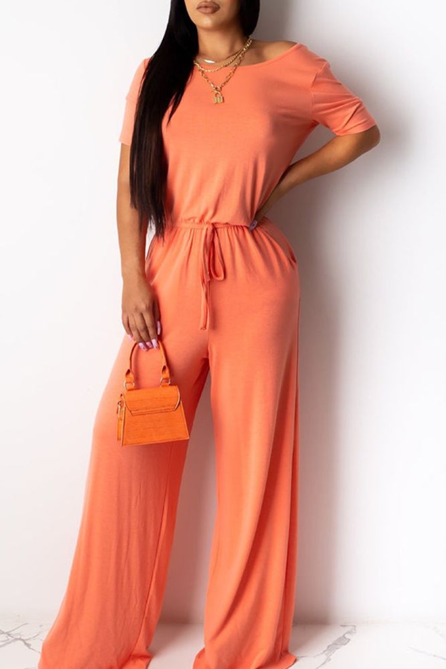 Jumpsuits & Rompers female | Casual Solid Color Lace Up Loose Jumpsuit