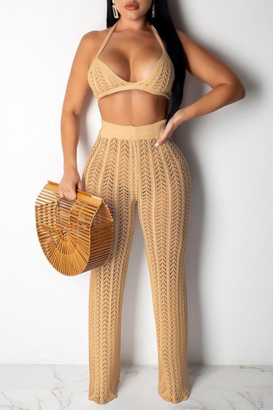 2-Pieces female | Solid Color Knitted See-Through Two-Piece Set