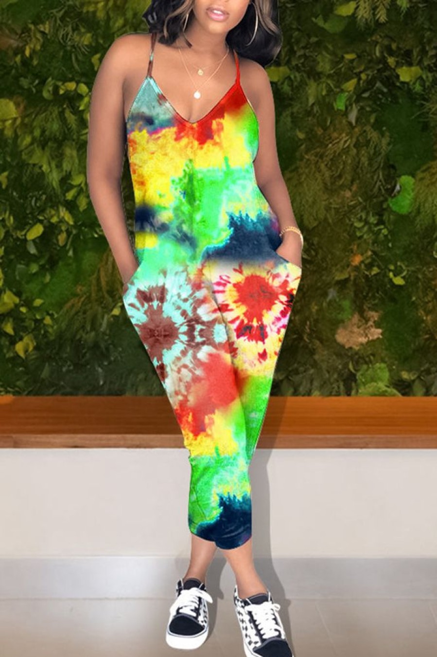 Jumpsuits & Rompers female | Casual Tie Dye V-Neck Sleeveless Pocket Jumpsuit Green