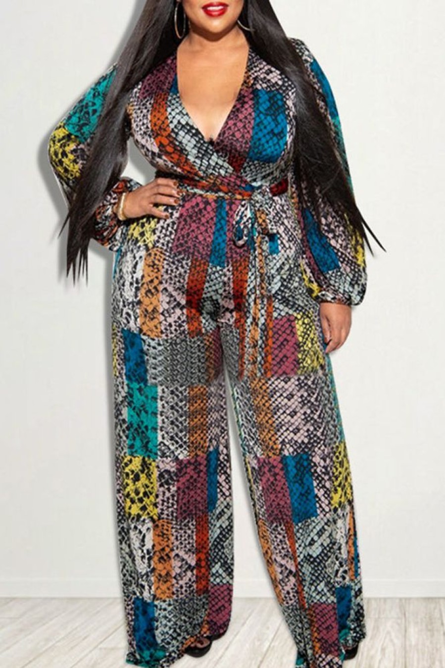 Jumpsuits & Rompers female | Sexy Snake Print Deep V-Neck Plus Size Wide Leg Jumpsuit Snake Skin