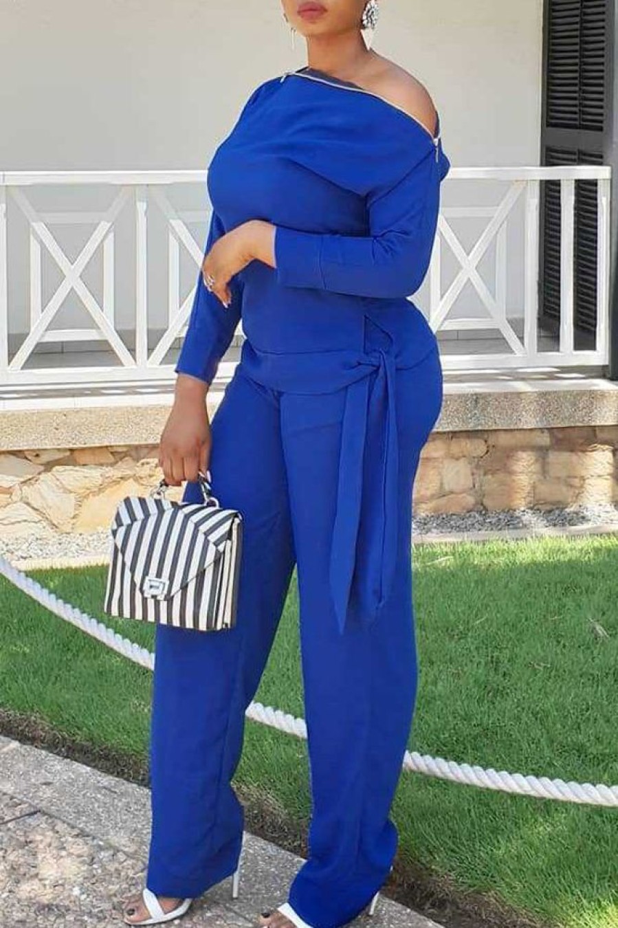 2-Pieces female | Casual Off-Shoulder Solid Color Two-Piece Set Blue