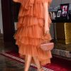 Dresses female | Glamorous Solid Color Short Sleeve Ruffle Mesh Midi Dress Orange