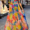 Dresses female | Fashion Fruit Print Mosaic Swing Long Dress Multicolor