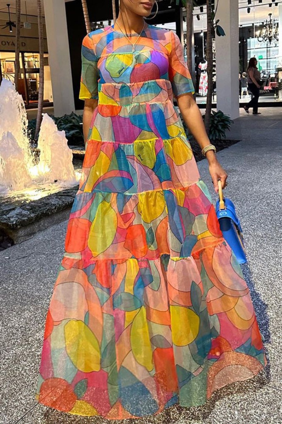 Dresses female | Fashion Fruit Print Mosaic Swing Long Dress Multicolor