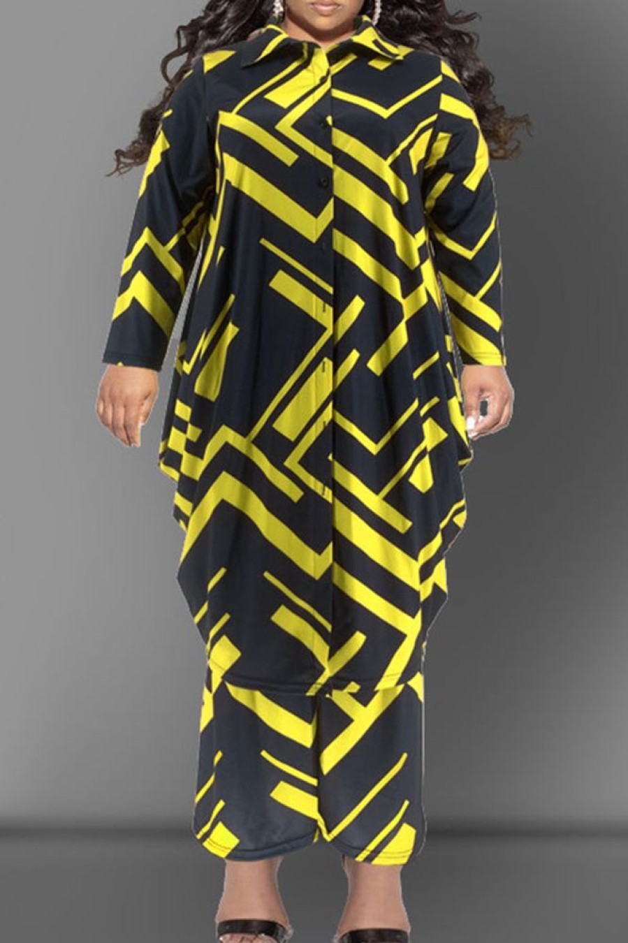 2-Pieces female | Temperament Plus Size Geometric Print Mid-Length Blouse Straight Pant Suits