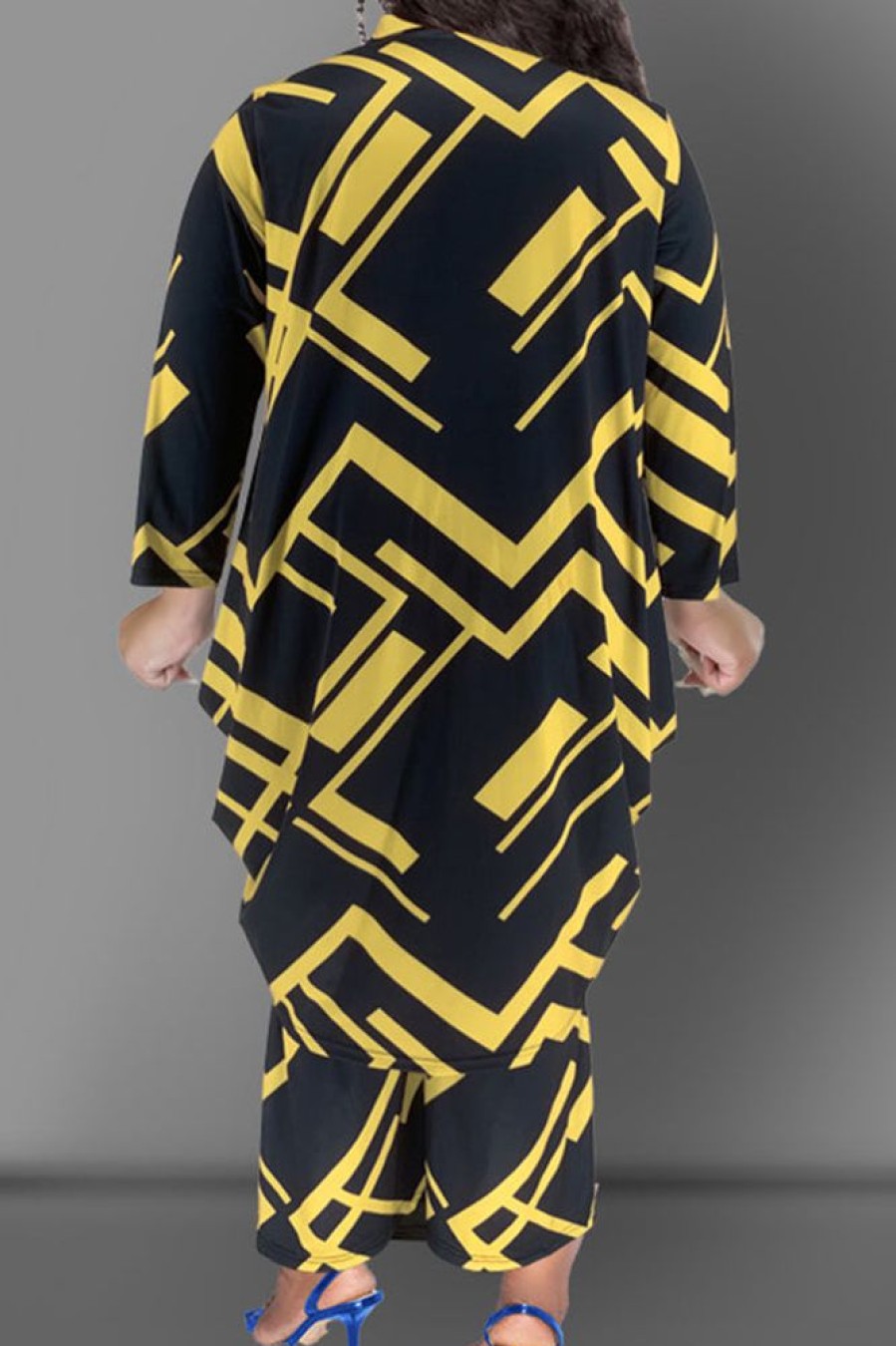 2-Pieces female | Temperament Plus Size Geometric Print Mid-Length Blouse Straight Pant Suits