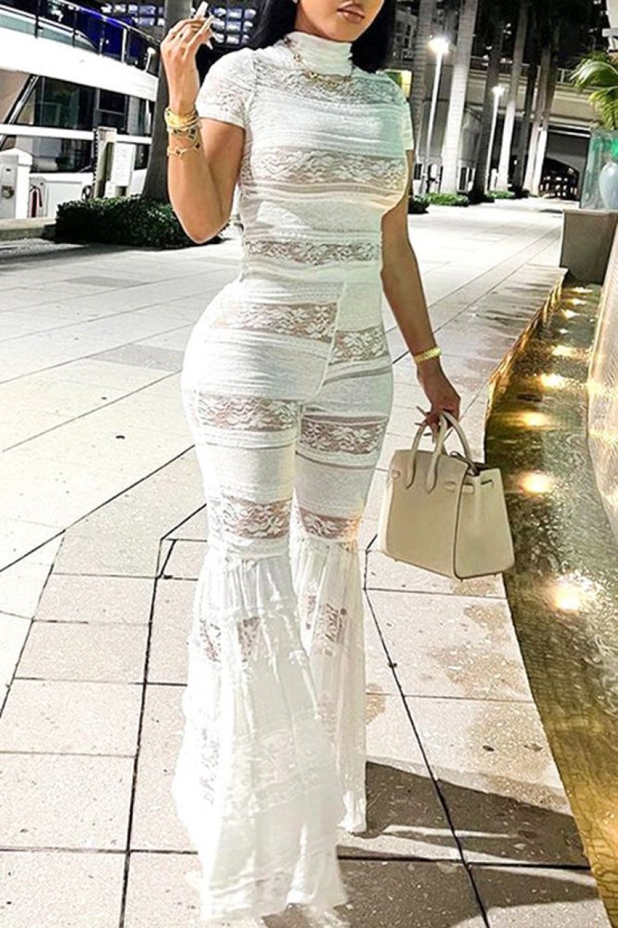 2-Pieces female | Sexy Solid Color See-Through Lace Stitching Slim Fit T-Shirt Flared Pant Suits White