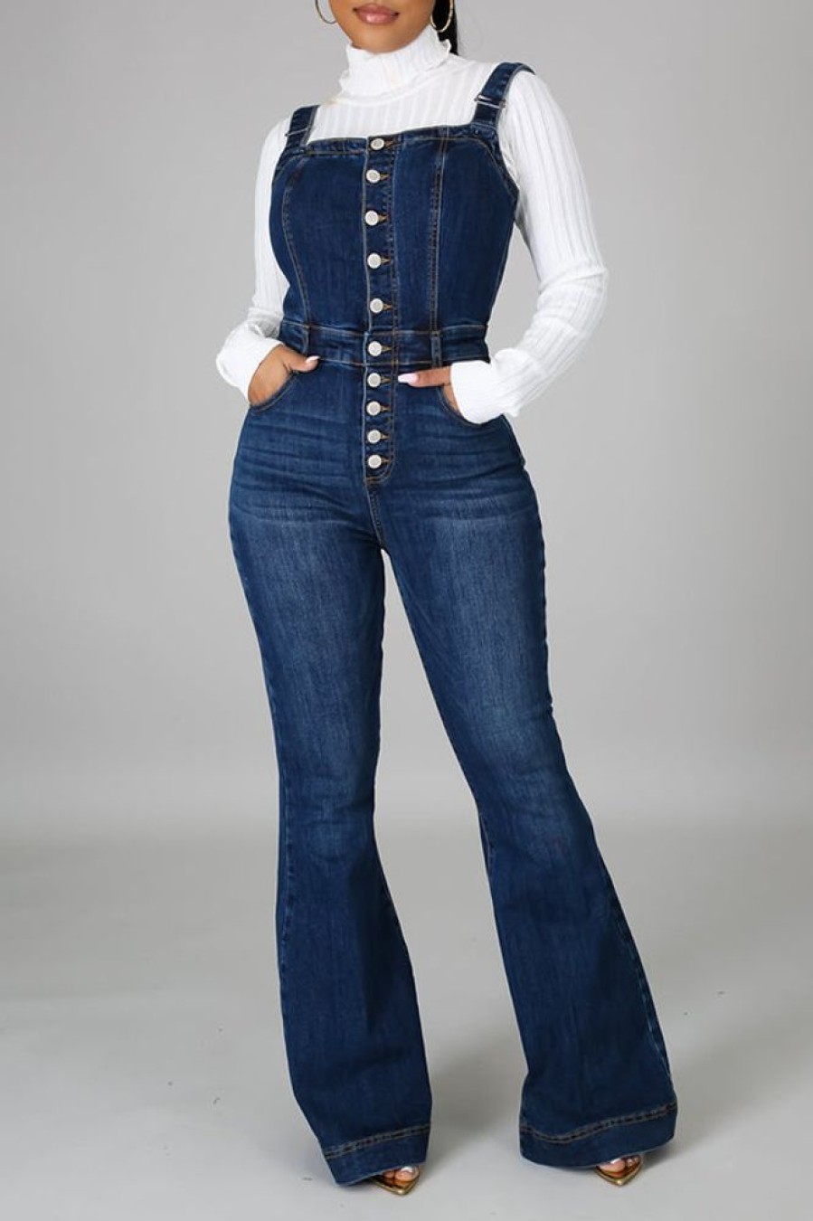 Jumpsuits & Rompers female | Fashion Casual Flared Wide Leg Breasted Suspender Denim Jumpsuit Navy Blue