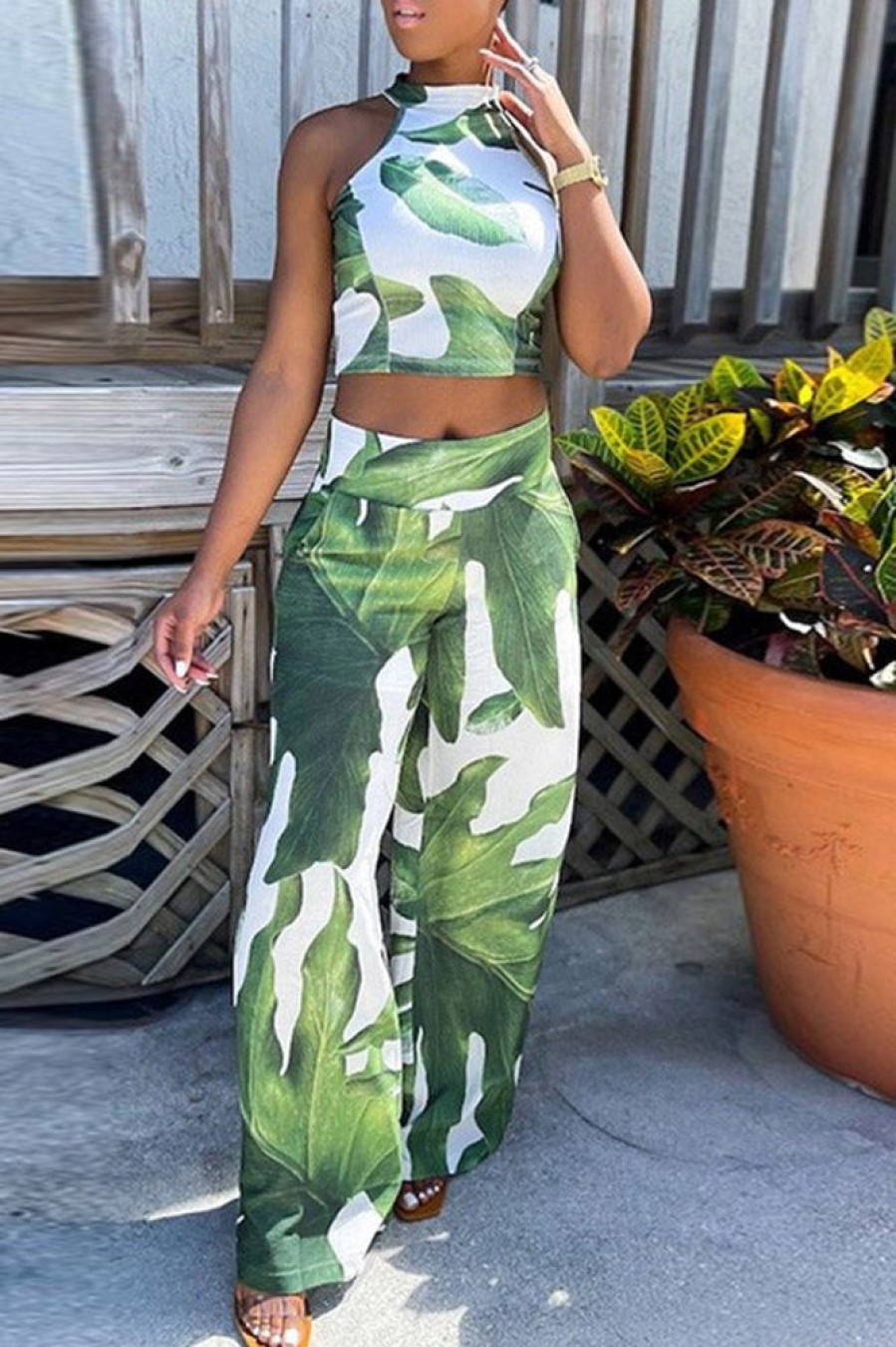 2-Pieces female | Casual Leaf Print Sleeveless Pant Suits Green