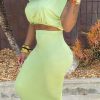 2-Pieces female | Urban Casual Sleeveless Shoulder Pad T-Shirt Solid Color Skirt Set