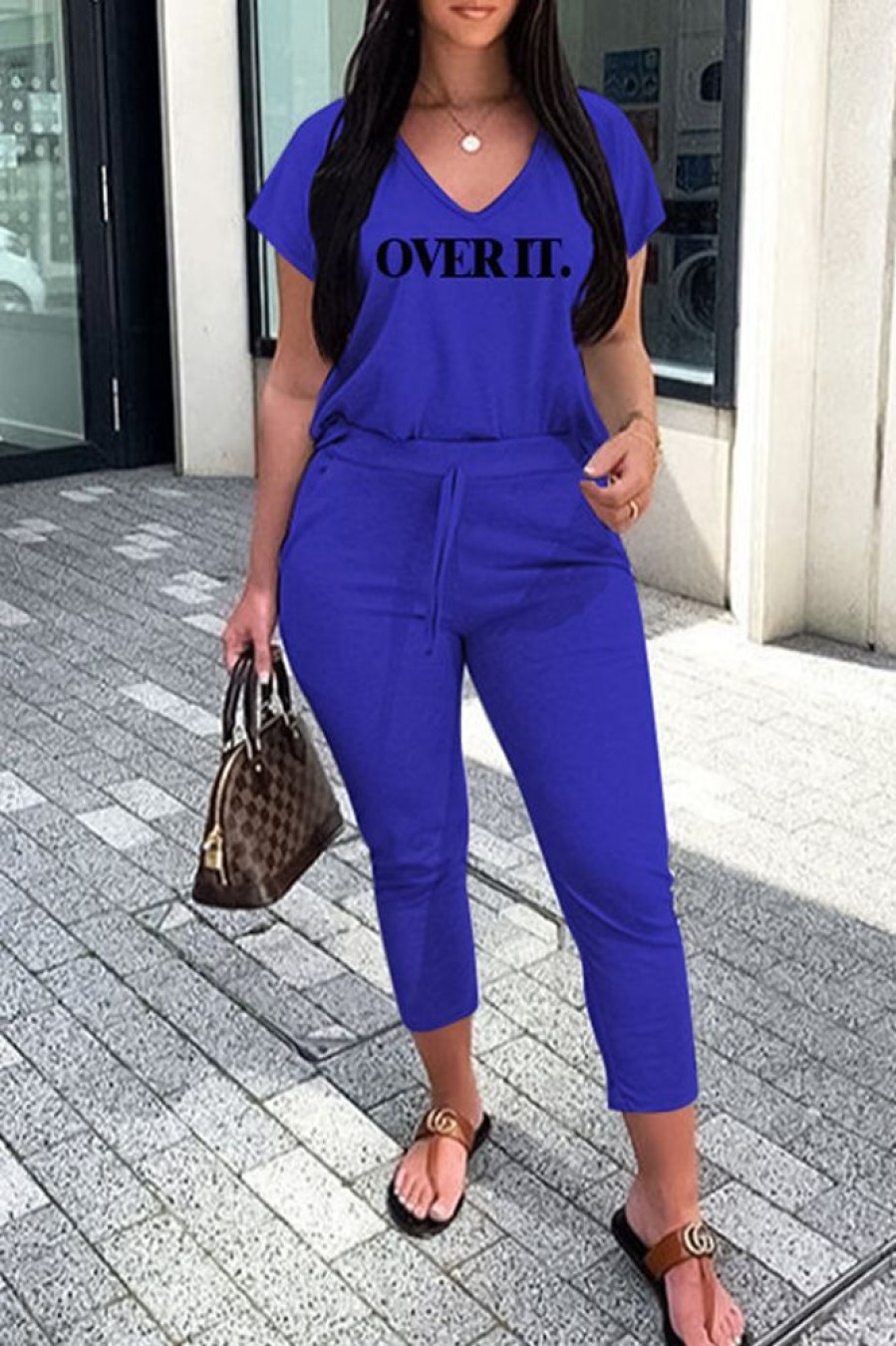 2-Pieces female | Casual Letter Printing V-Neck Pant Suits