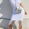 Dresses female | Solid Color Crew Neck Short Sleeve Fringe Hem Dress