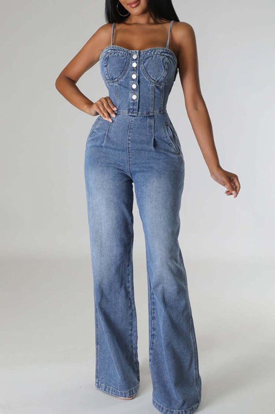 Jumpsuits & Rompers female | Casual Denim Wide Leg Jumpsuit Blue