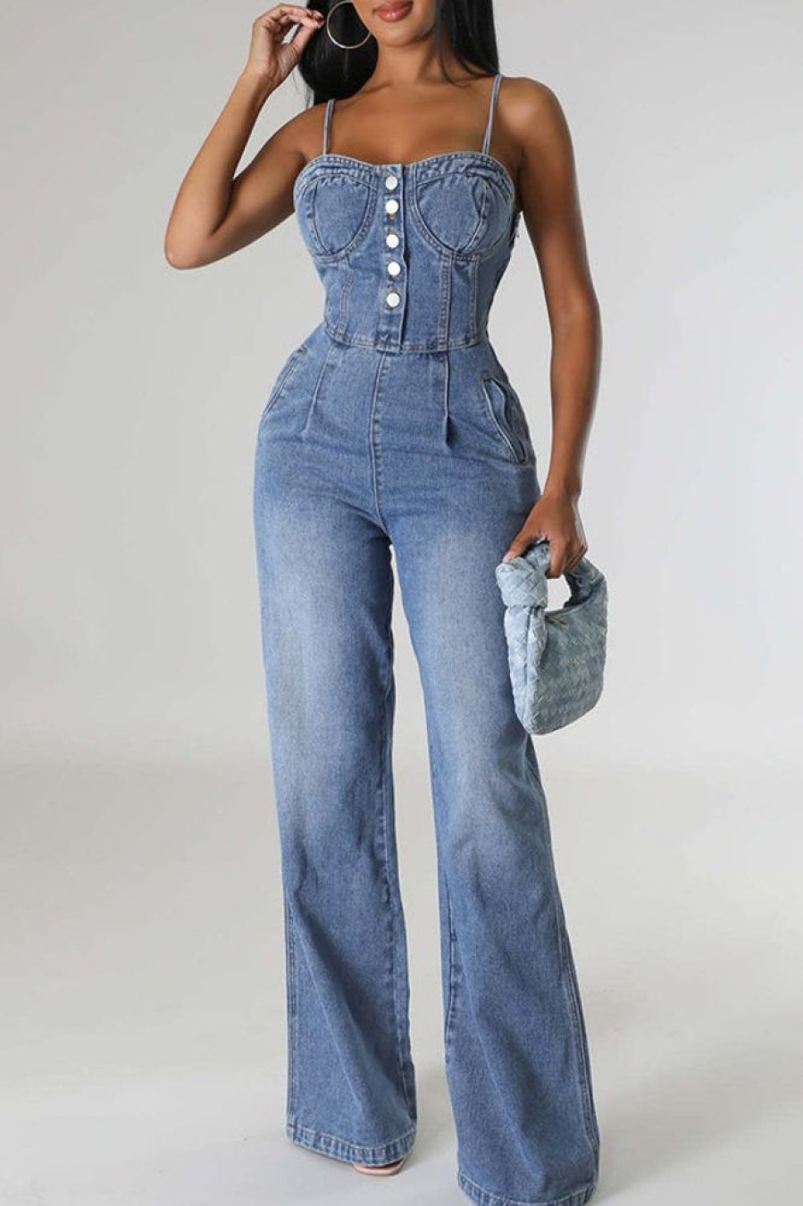 Jumpsuits & Rompers female | Casual Denim Wide Leg Jumpsuit Blue