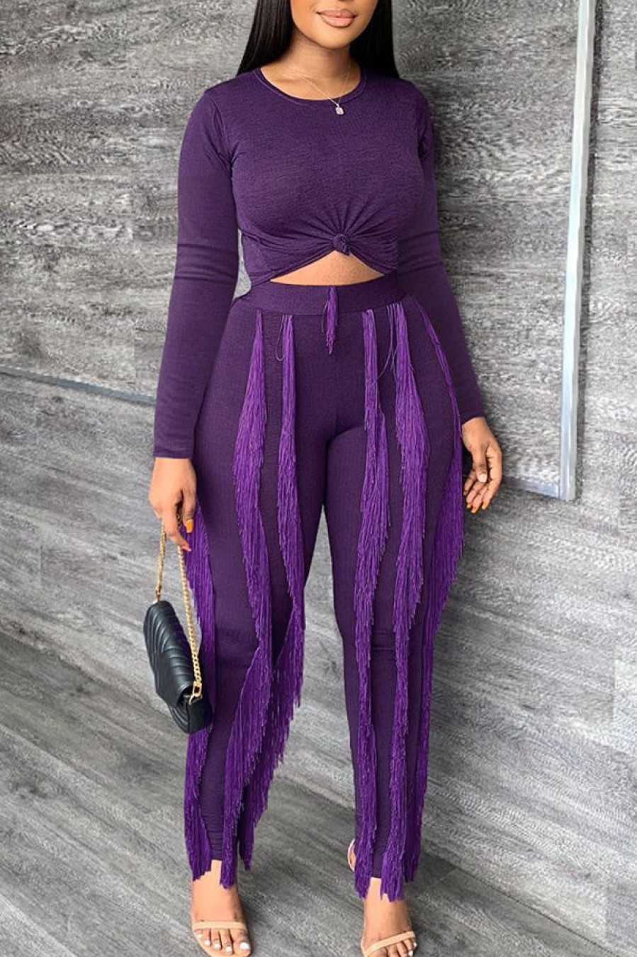 2-Pieces female | Autumn Round Neck Long Sleeve Top & Tassel Pants Set