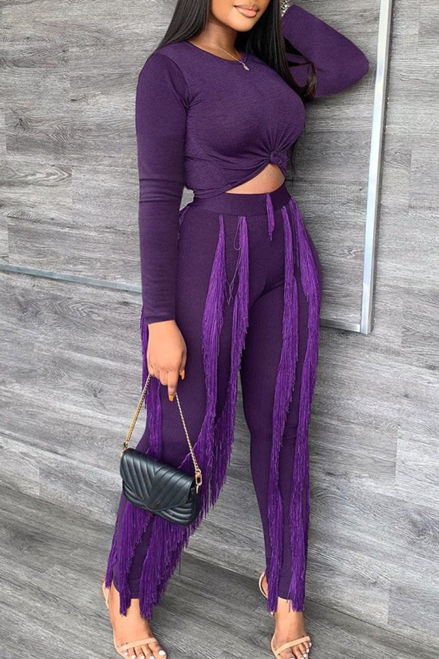 2-Pieces female | Autumn Round Neck Long Sleeve Top & Tassel Pants Set