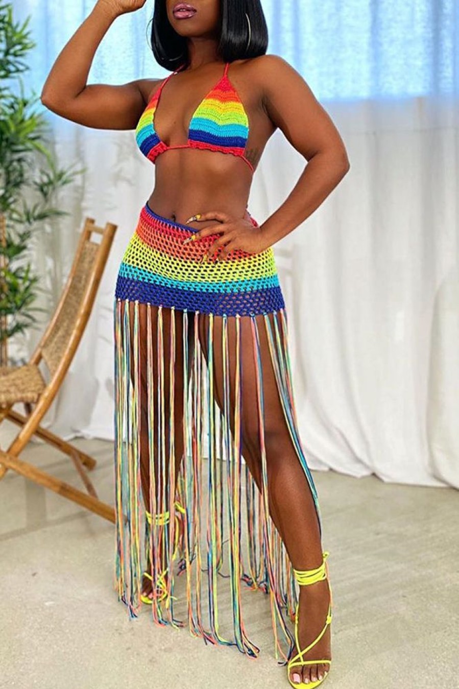 Swimwear female | Sexy Rainbow Crocheted Fringed Beach Bikini Two-Piece Swimsuit Multicolor