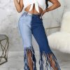 Bottoms female | Stylish Contrast Paneled Fringe Flared Slim-Fit Stretch Jeans Navy Blue