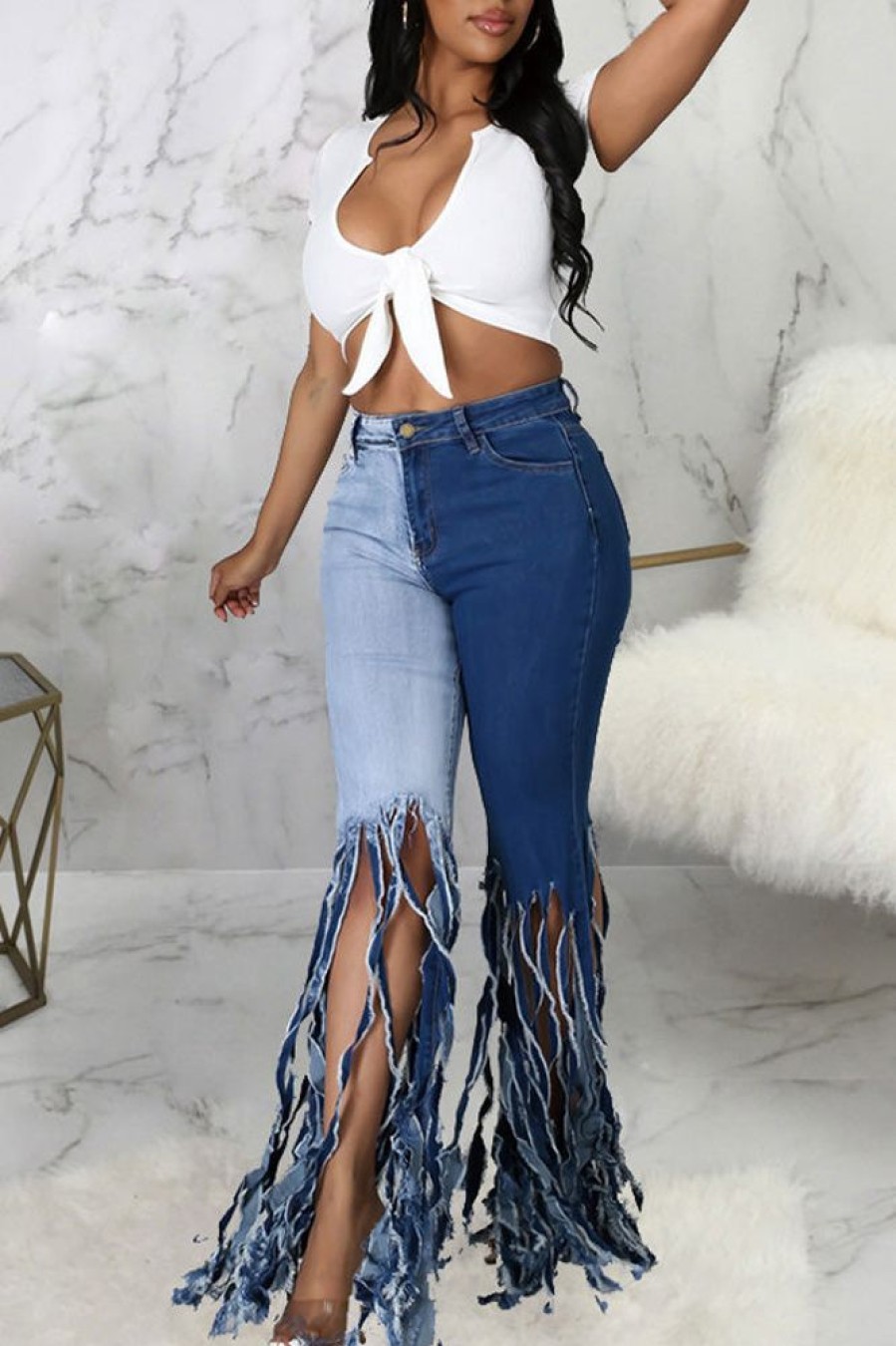 Bottoms female | Stylish Contrast Paneled Fringe Flared Slim-Fit Stretch Jeans Navy Blue