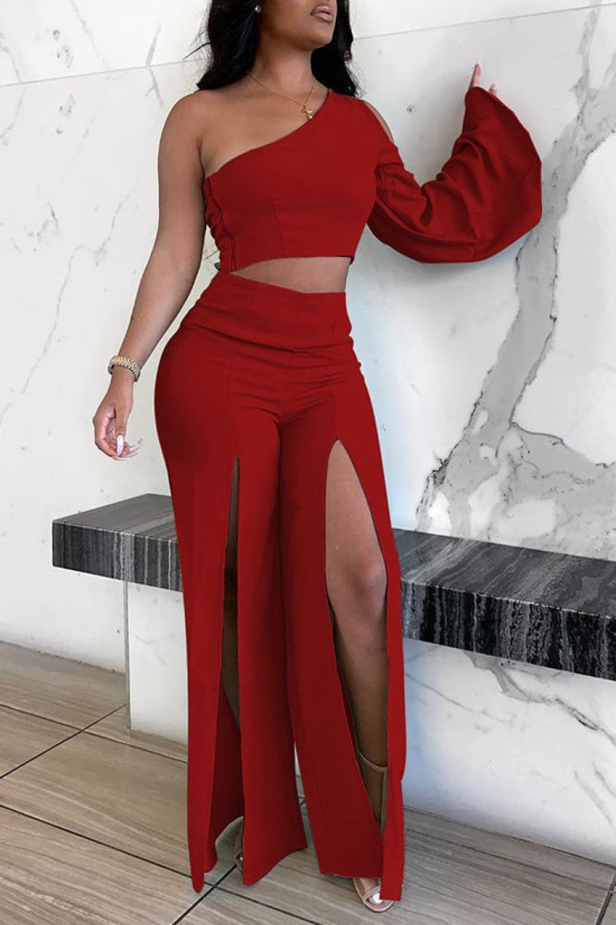 2-Pieces female | Pure Color Casual One-Shoulder Zipper Slit Two-Piece Suit