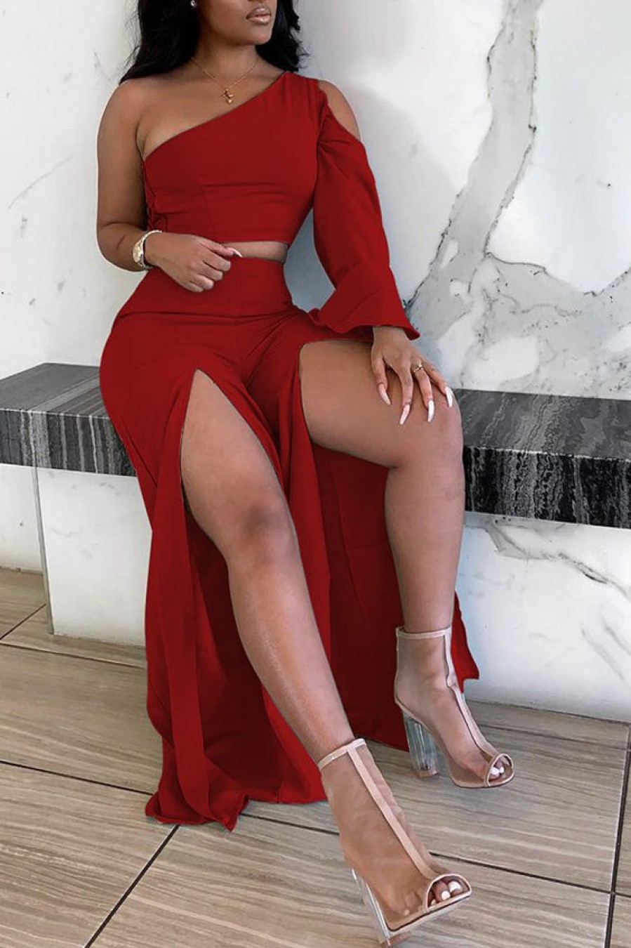 2-Pieces female | Pure Color Casual One-Shoulder Zipper Slit Two-Piece Suit