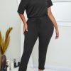 Jumpsuits & Rompers female | Casual Short Sleeve Round Neck Solid Color Lace-Up Jumpsuits Black