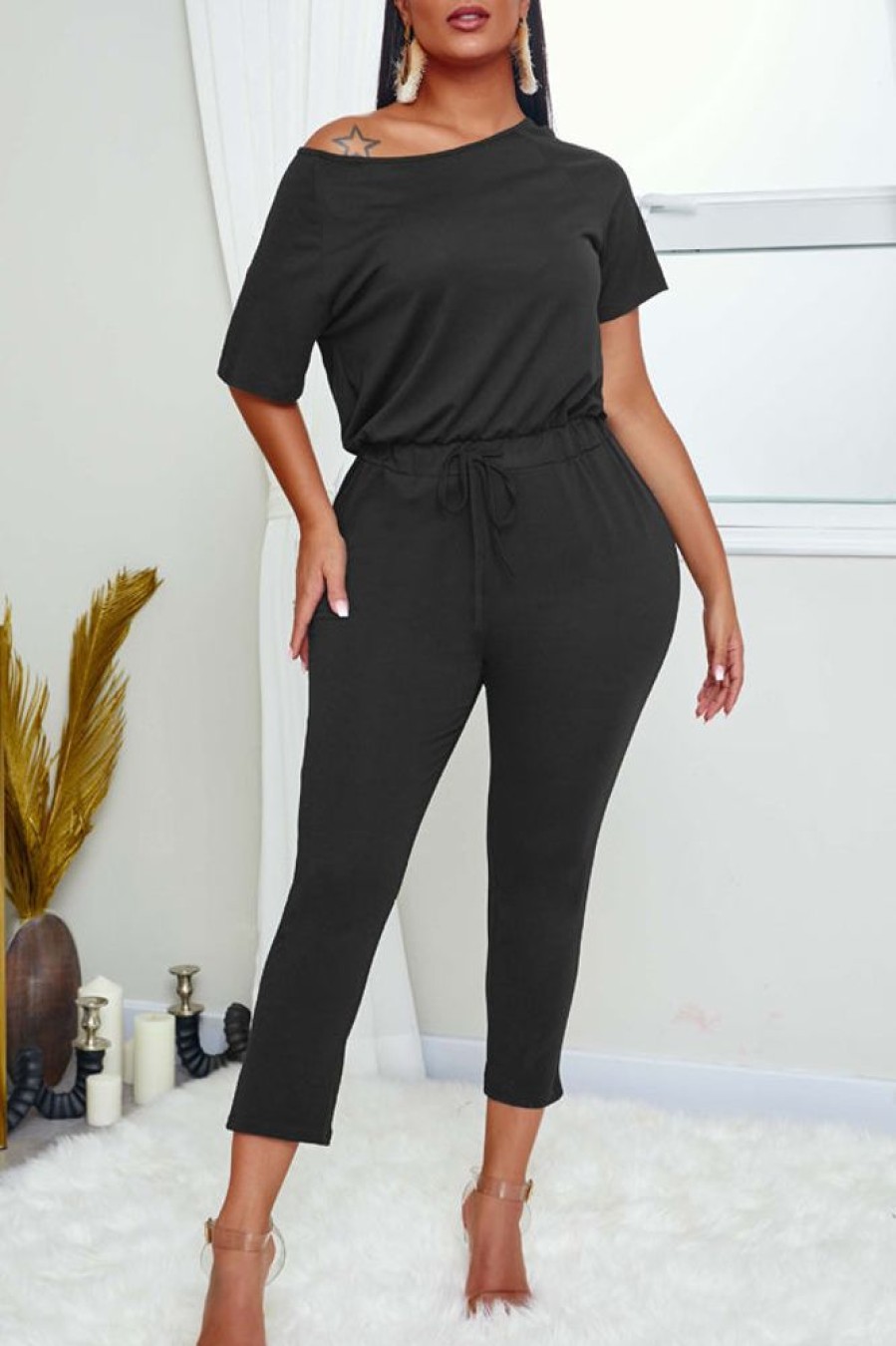 Jumpsuits & Rompers female | Casual Short Sleeve Round Neck Solid Color Lace-Up Jumpsuits Black