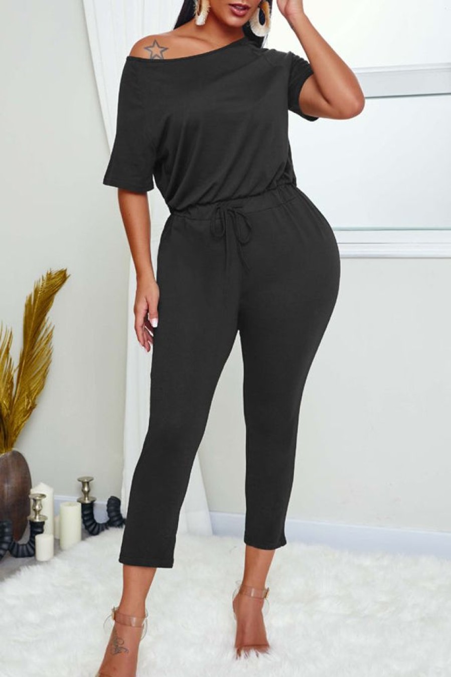 Jumpsuits & Rompers female | Casual Short Sleeve Round Neck Solid Color Lace-Up Jumpsuits Black