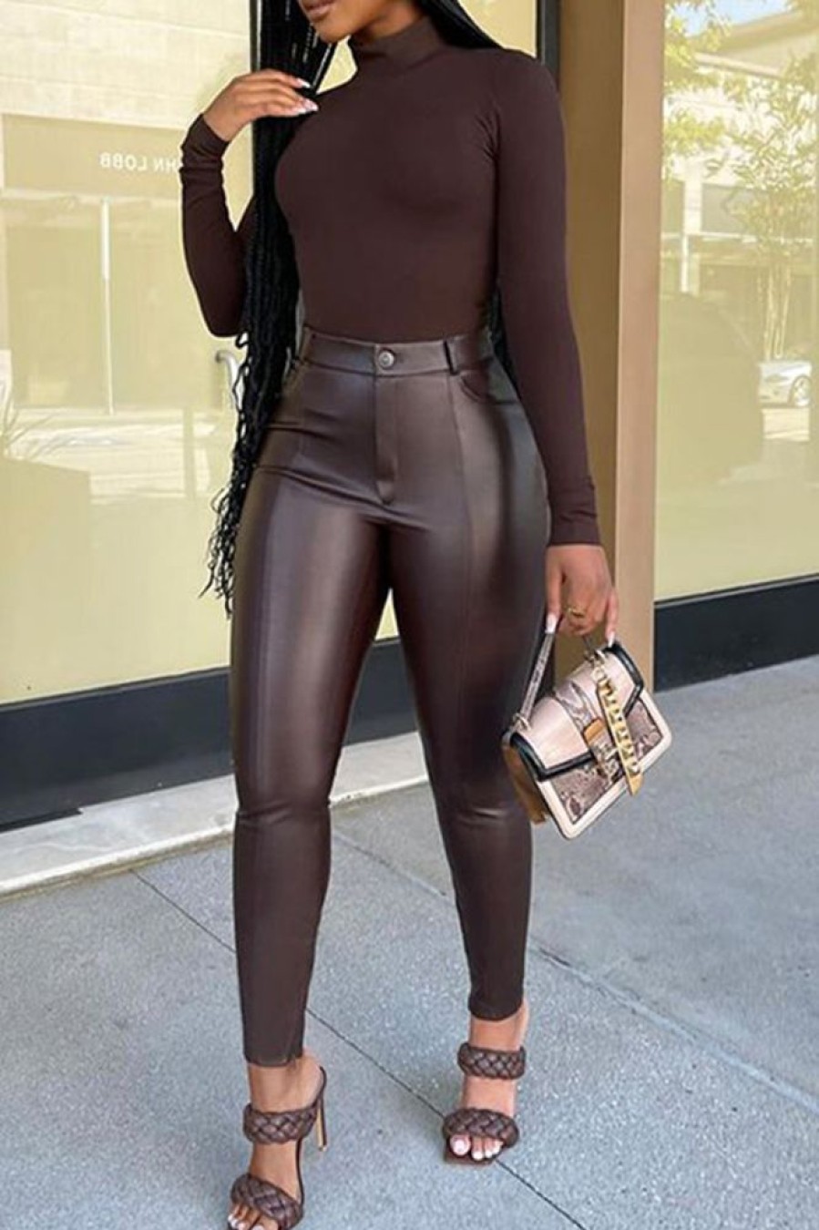 Bottoms female | Solid Color Faux Leather Pants