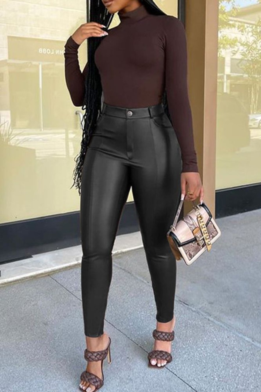 Bottoms female | Solid Color Faux Leather Pants