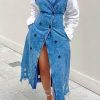 Dresses female | Wide Collar Ripped Denim Pocket Sleeveless Dress Blue