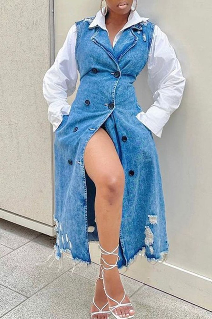 Dresses female | Wide Collar Ripped Denim Pocket Sleeveless Dress Blue