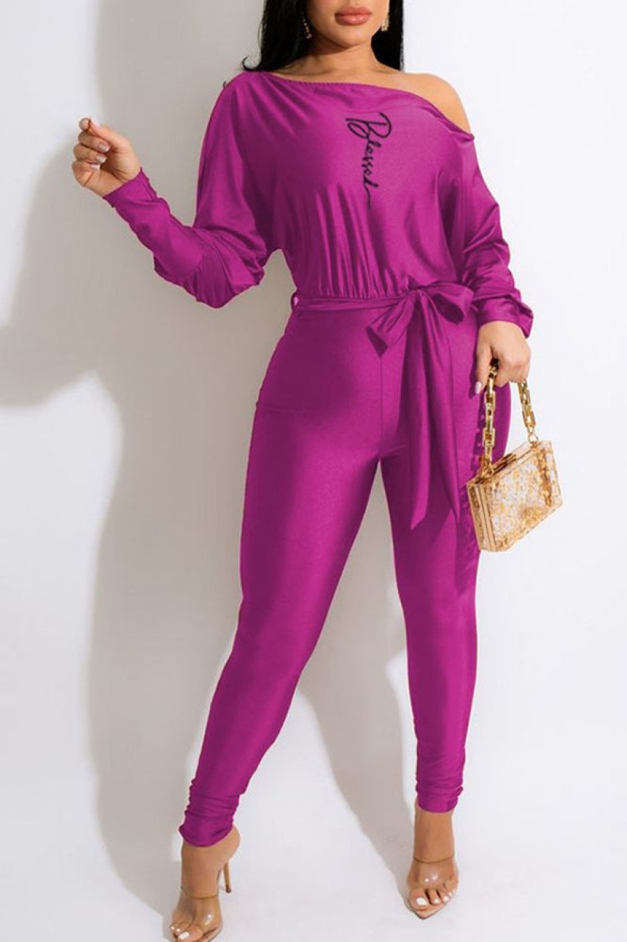 Jumpsuits & Rompers female | Sexy Batwing Sleeve Oblique Collar Lace-Up Slim Stretch Jumpsuits