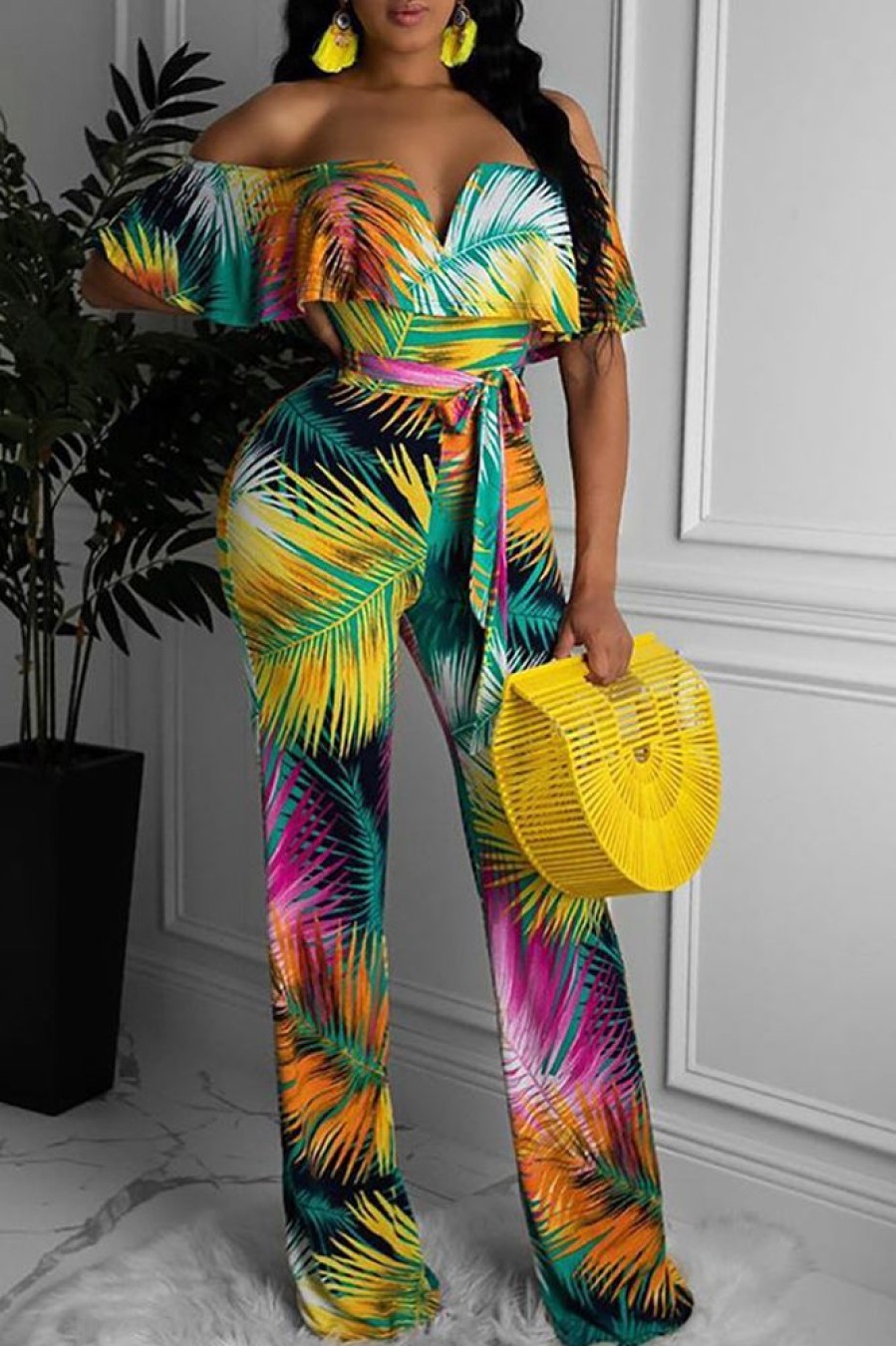 Jumpsuits & Rompers female | Bohemian Off Shoulder Ruffled Halter Jumpsuit Yellow